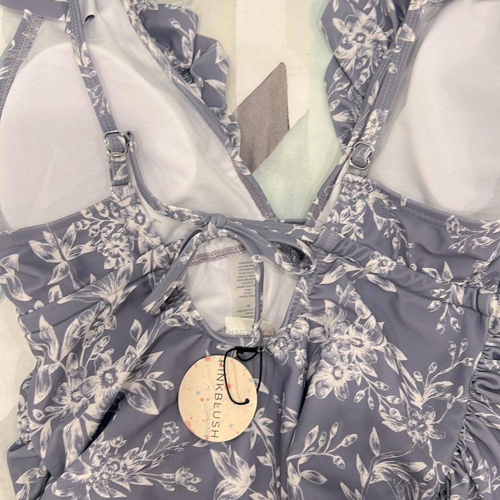 Blue and white floral maternity one piece bathing suit with ruffles - Picture 5 of 10